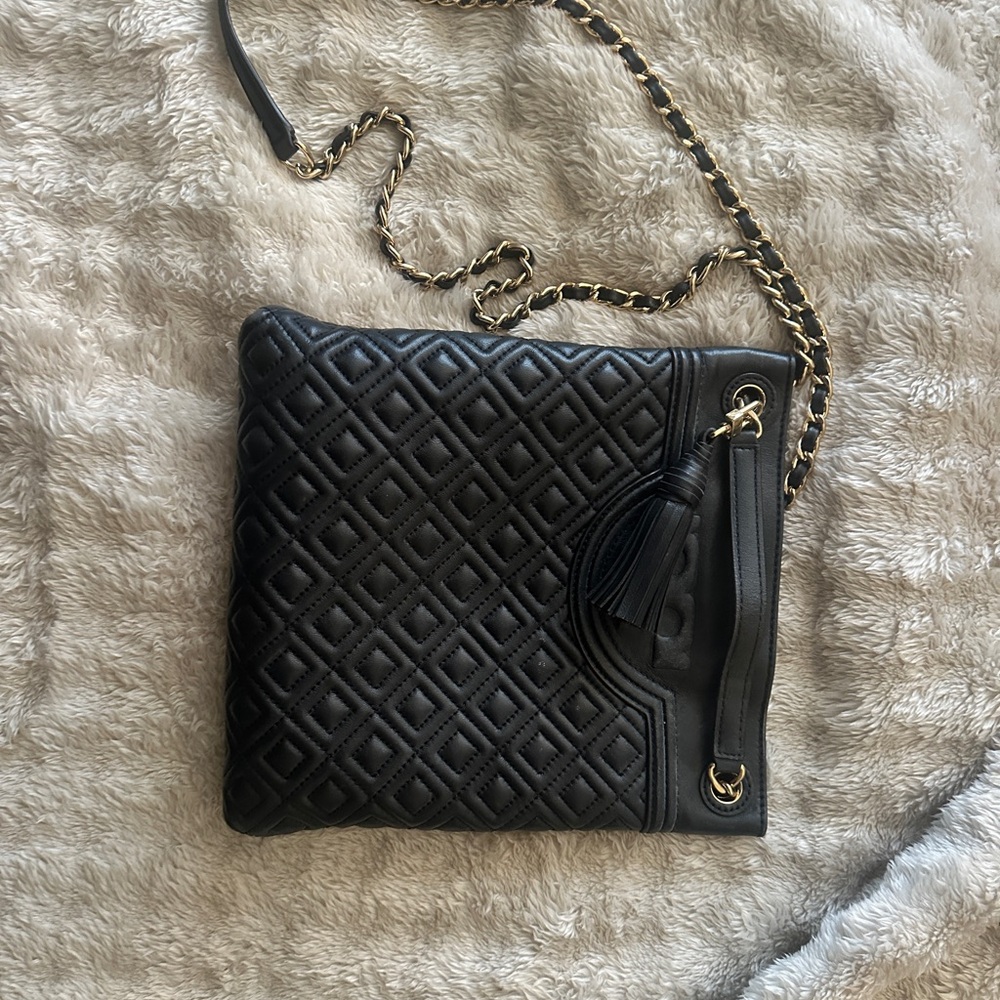 Tory Burch Quilted Black Leather Crossbody Bag with Tassel